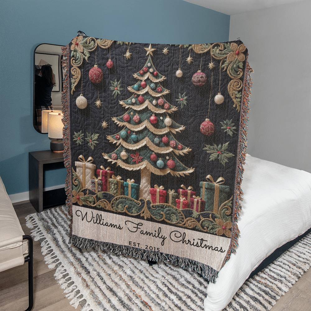 Custom Name Christmas Tree Woven Blanket