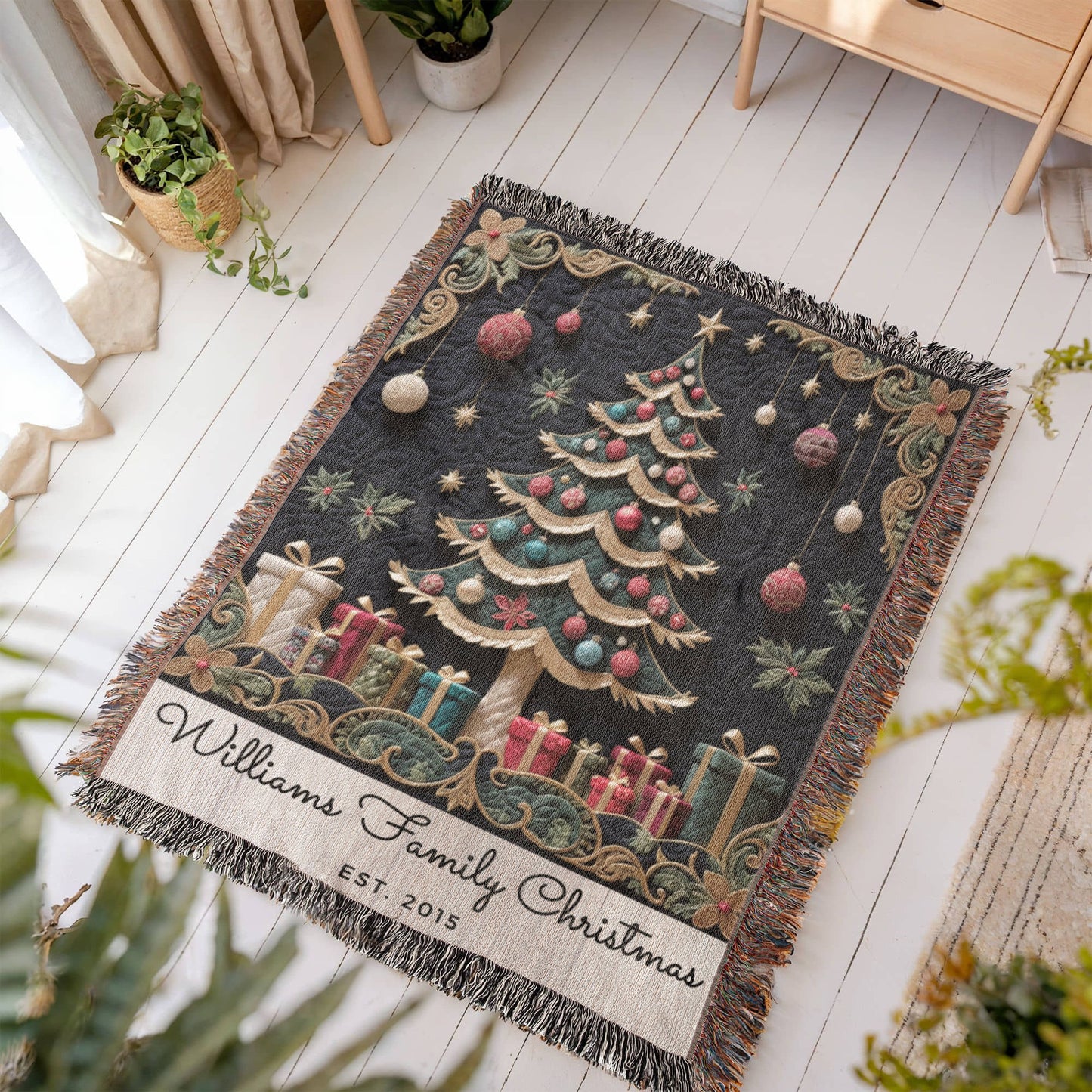 Custom Name Christmas Tree Woven Blanket