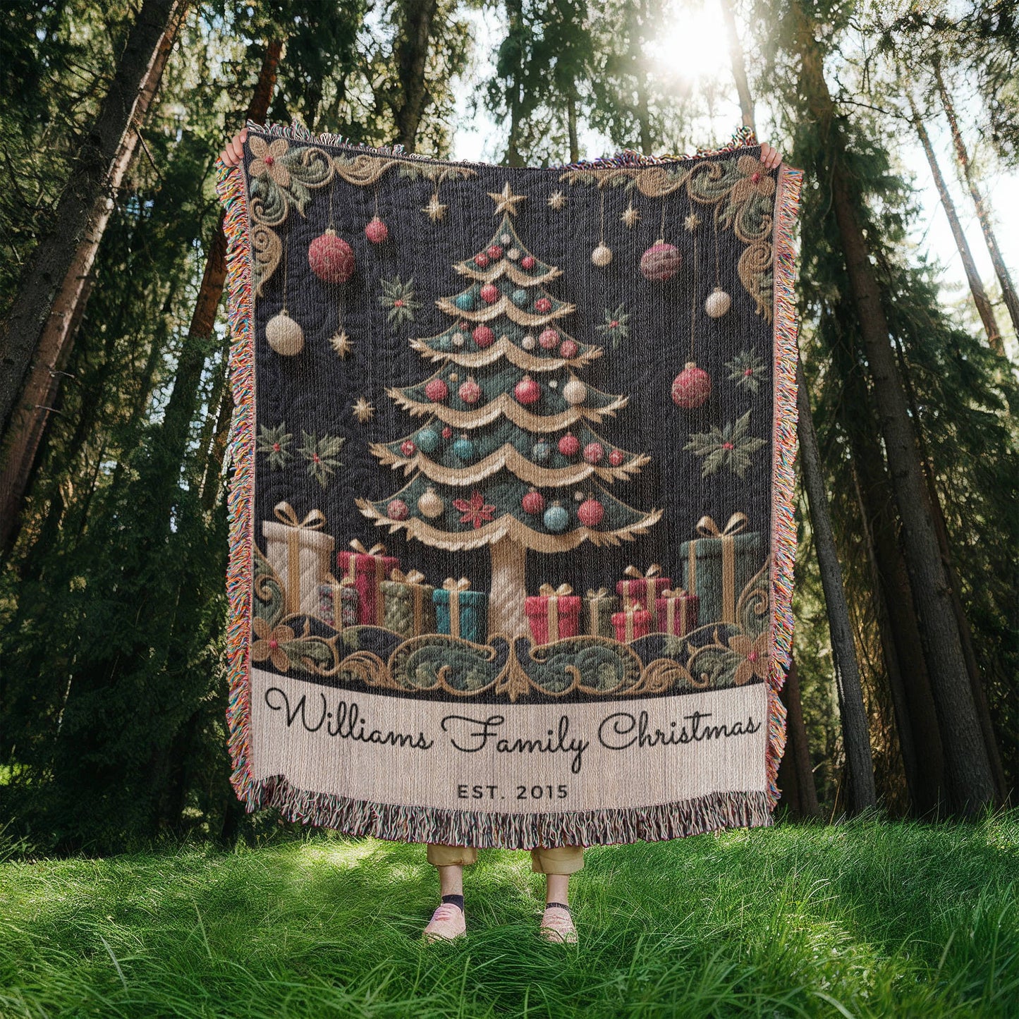 Custom Name Christmas Tree Woven Blanket